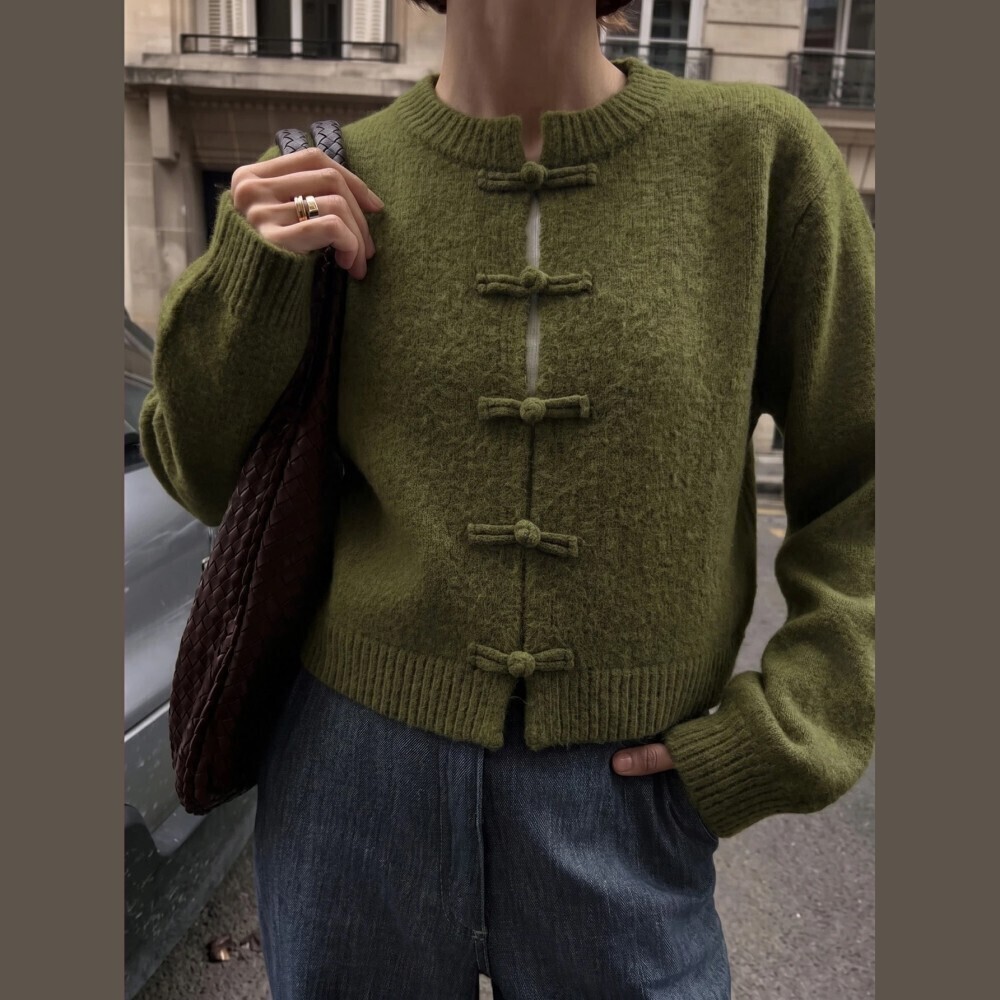 Olive Green Bouclé Knit Bow Frog Button Toggle Front Loose Fit Cardigan
